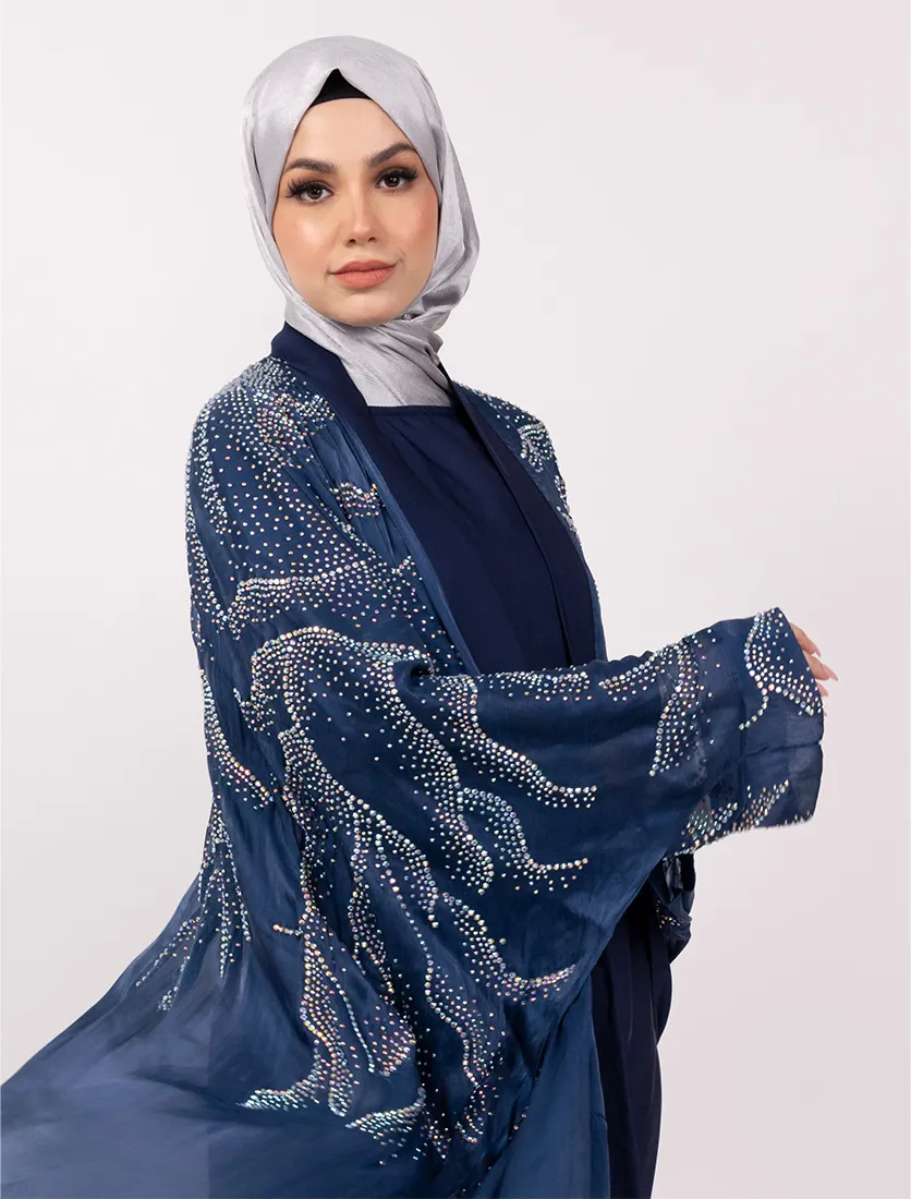 Navy Crystal Embellished Sheer Overlay Abaya